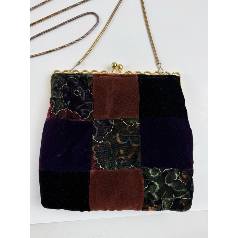 Vintage 90s Neiman Marcus Crushed Velvet Patchwork Kiss Lock Chain Shoulder Bag